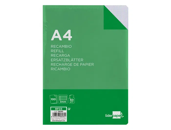 Liderpapel Recambio A4 100 Hojas 60gr Cuadro 3mm Con Margen 4 Taladros