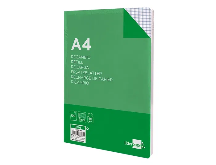 Liderpapel Recambio A4 100 Hojas 60gr Cuadro 3mm Con Margen 4 Taladros