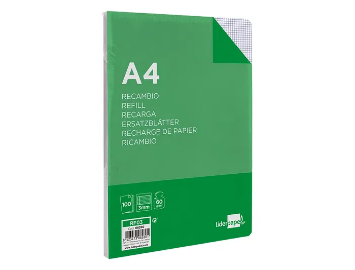 Liderpapel Recambio A4 100 Hojas 60gr Cuadro 3mm Con Margen 4 Taladros