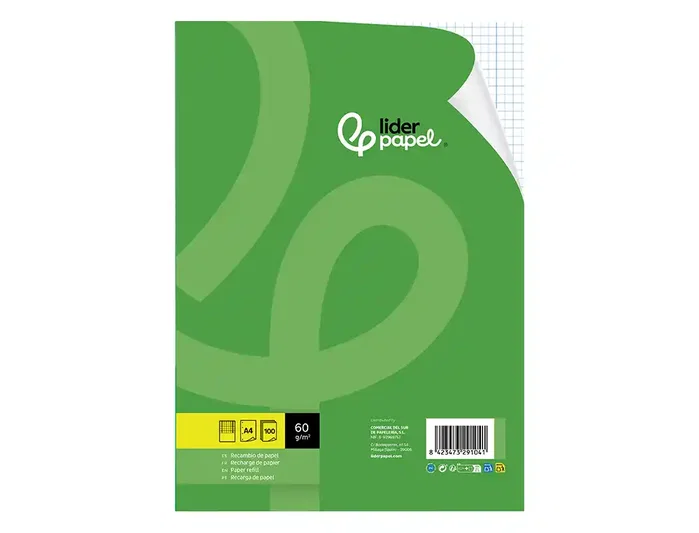 Liderpapel Recambio A4 100 Hojas 60gr Cuadro 3mm Con Margen 4 Taladros