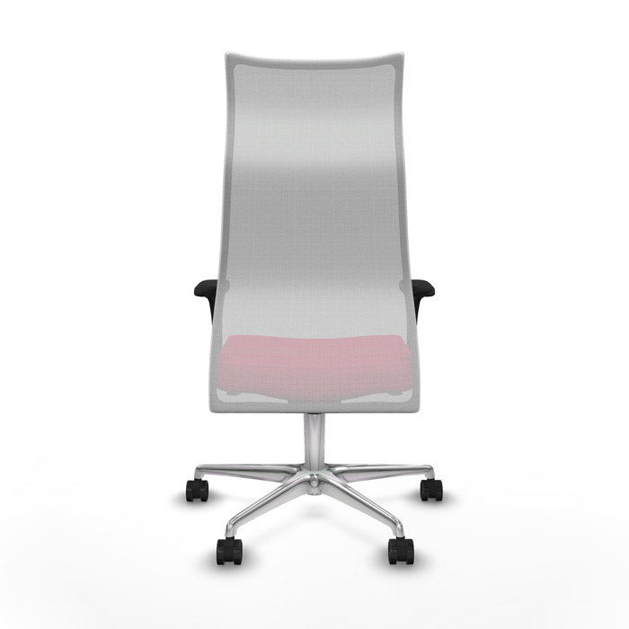 Sillón Albacete con mecanismo Sincro tapizada con Tela color Rojo y malla color Blanco. Equipado con Base aluminio, Brazos 1D y Ruedas 65mm nailon