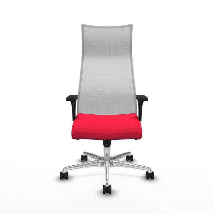 Sillón Albacete con mecanismo Sincro tapizada con Tela color Rojo y malla color Blanco. Equipado con Base aluminio, Brazos 1D y Ruedas 65mm nailon