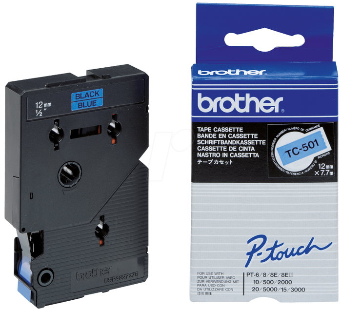 Brother TC-501 Cinta laminada 12 mm Negro sobre azul