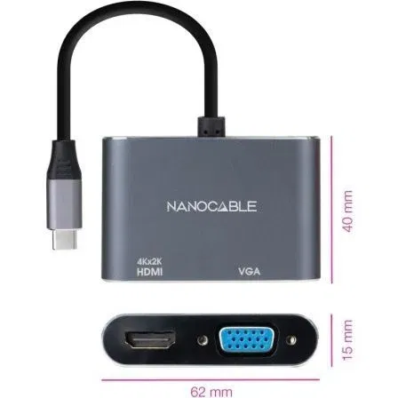 Nano Cable 10.16.4303 Conversor USB Tipo-C Macho a HDMI Hembra y VGA Hembra 15cm Gris