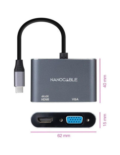 Nanocable Conversor USB-C a HDMI/VGA 15 cm Gris