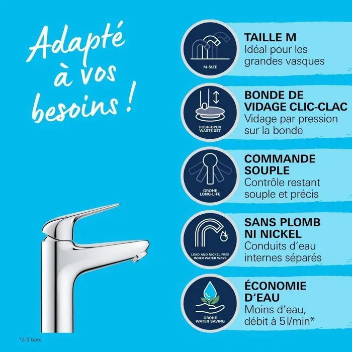 Grohe 24326001 Mezclador Monomando de Lavabo Cromo Talla M Ahorro de Agua Desagüe Click-Clack