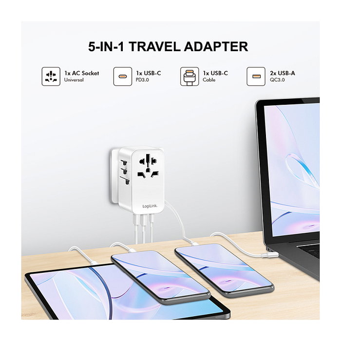 LogiLink Cargador de viaje 70 W GaN, 4 puertos, USB-A/C Slim, Blanco LogiLink Cargador de viaje 70 W GaN, 4 puertos, USB-A/C Slim, Blanco