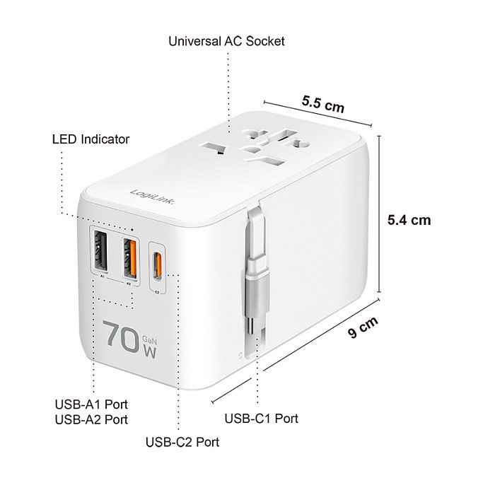 LogiLink Cargador de viaje 70 W GaN, 4 puertos, USB-A/C Slim, Blanco LogiLink Cargador de viaje 70 W GaN, 4 puertos, USB-A/C Slim, Blanco