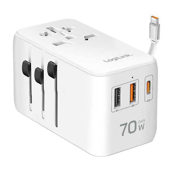 LogiLink Cargador de viaje 70 W GaN, 4 puertos, USB-A/C Slim, Blanco LogiLink Cargador de viaje 70 W GaN, 4 puertos, USB-A/C Slim, Blanco