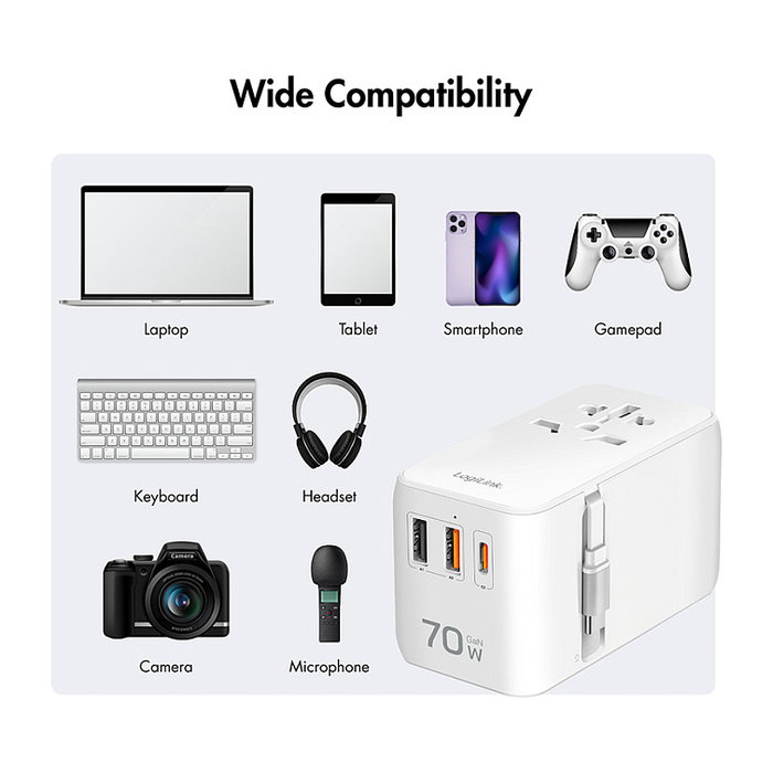 LogiLink Cargador de viaje 70 W GaN, 4 puertos, USB-A/C Slim, Blanco LogiLink Cargador de viaje 70 W GaN, 4 puertos, USB-A/C Slim, Blanco