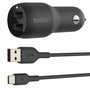 Belkin Cargador de Coche USB 24W 4.8A 2 Puertos Negro con Cable USB-C