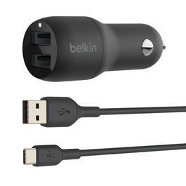 Belkin Cargador de Coche USB 24W 4.8A 2 Puertos Negro con Cable USB-C