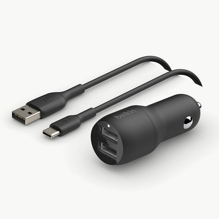 Belkin Cargador de Coche USB 24W 4.8A 2 Puertos Negro con Cable USB-C