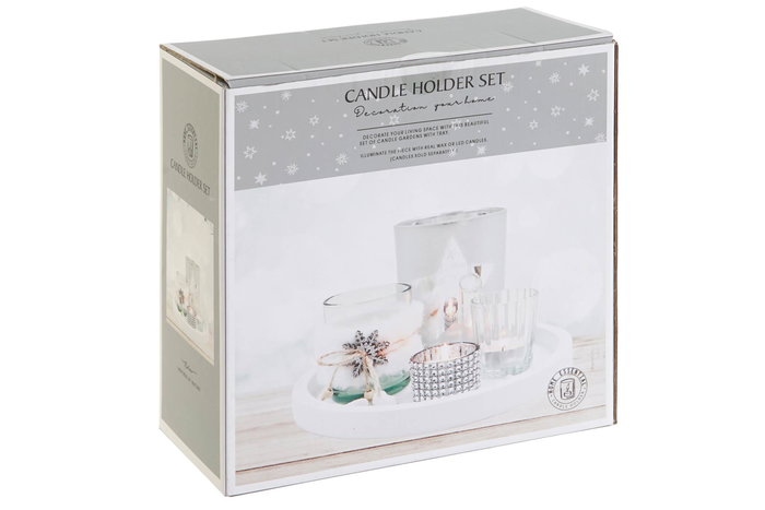 DKD Home Decor Portavelas Set de 5 Piezas, Cristal y MDF, Plateado, 23 x 2 x 23 cm