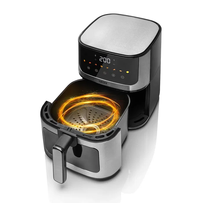 Haeger Freidora de Aire Digital Magic Window 4.7L, 8 Programas, 1200W, Negro/Plata, con Pantalla Táctil y Tazón Extraíble - Modelo AF-D47.005A