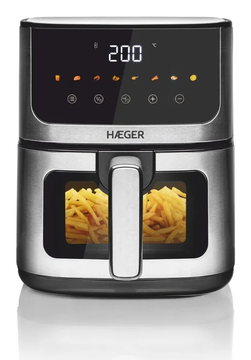 Haeger Freidora de Aire Digital Magic Window 4.7L, 8 Programas, 1200W, Negro/Plata, con Pantalla Táctil y Tazón Extraíble - Modelo AF-D47.005A