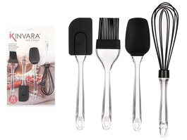 Kinvara Set 4 Pzs Utensilios Cocina Silicona y Plástico Negro/Transparente 20x29x5 cm (Set de 6)