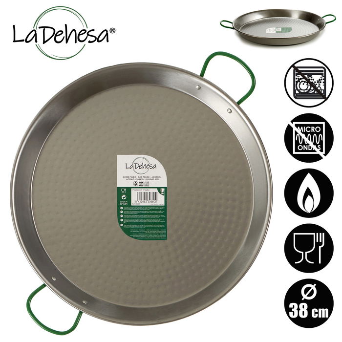 La Dehesa Paellera Pulida 38 cm Acero Pulido Plateado 8 Raciones Apta Gas Leña (Set de 6)