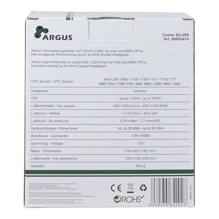 Inter-Tech Argus SU-260 K Cooler Multi Socket con TDP de 150W