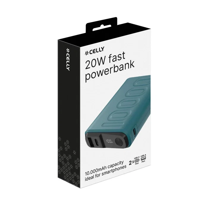 Celly PBUP10000BL Powerbank Batería Externa 10000 mAh 20W Fast Carga USB-C/A Azul con Pantalla LED