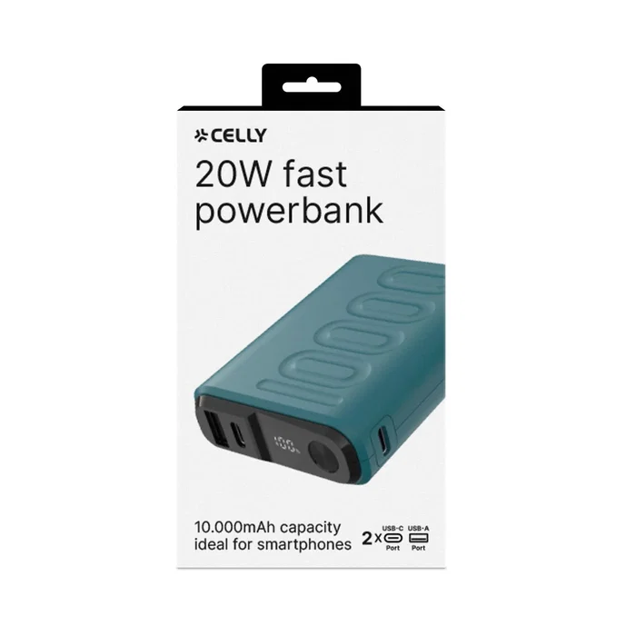 Celly PBUP10000BL Powerbank Batería Externa 10000 mAh 20W Fast Carga USB-C/A Azul con Pantalla LED