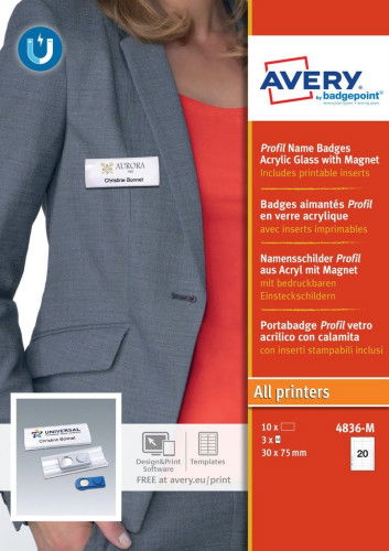 Avery 4836-M Caja 10 Portanombres Profil Badge con Imán - 27 x 75 mm