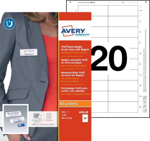 Avery 4836-M Caja 10 Portanombres Profil Badge con Imán - 27 x 75 mm