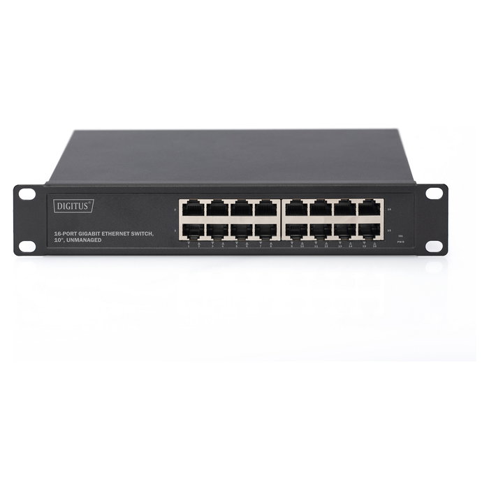 Digitus Switch 16 Puertos Gigabit Ethernet (10/100/1000) No Gestionado, Montaje en Rack 1U, 10 Pulgadas, Negro