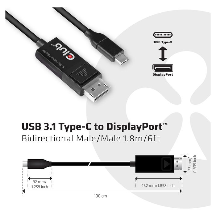 Club 3D Cable Club3D Kabel USB 3.1 Type C a DisplayPort 1.4 8K a 60Hz UHD 1.8 Metros