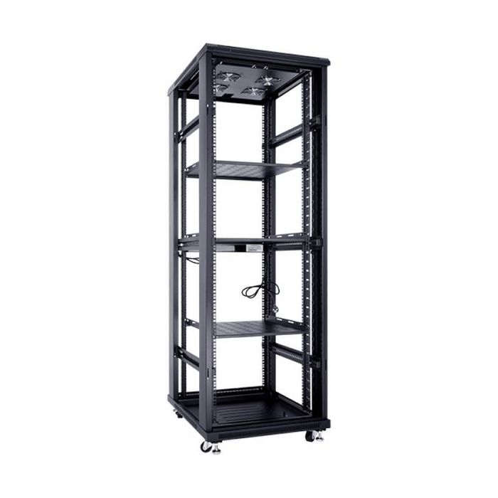 MicroConnect Armario Rack de 19 Pulgadas 32HU, Ancho 600x800 mm, Negro RAL 9004, con Puertas de Cristal y Metálica, Ruedas y Patas