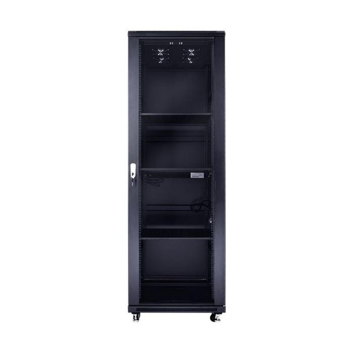 MicroConnect Armario Rack de 19 Pulgadas 32HU, Ancho 600x800 mm, Negro RAL 9004, con Puertas de Cristal y Metálica, Ruedas y Patas