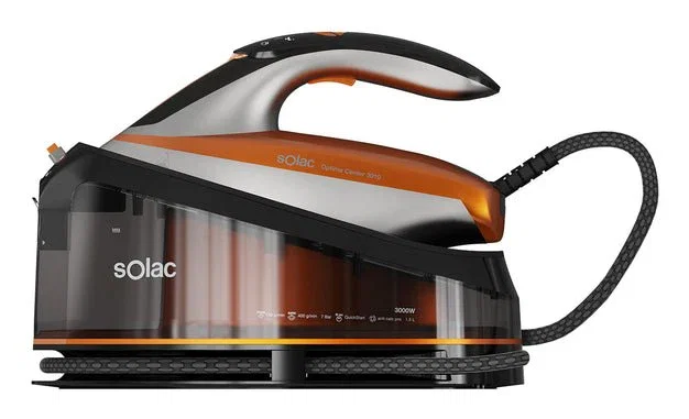 Solac CPB6110 Optima Center 3010 Centro de Planchado 3000W 1.5L 7 Bar Vapor 400g/min Smart ECO, Suela Cerámica - Negro, Naranja, Plata