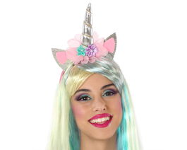 Diadema Carnaval Unicornio Fantasía Rosa Orejitas Flores Mujer Adulto para Fiestas y Cumpleaños