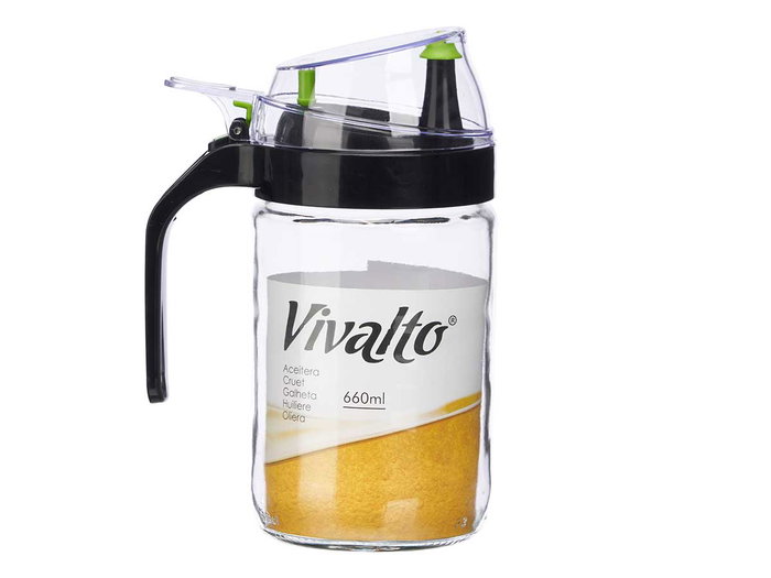 Vivalto Aceitera Cristal 660 ml con Aireador Negro. Dimensiones: 12 x 18.5 x 87.7 cm. Vidrio y Plástico. (Set de 10)