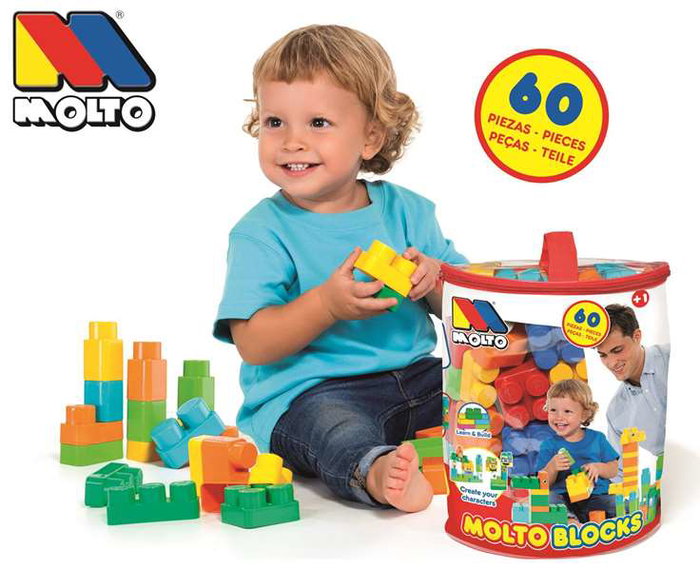 Molto Blocks - Bolsa de Construcción con 60 Piezas de Plástico para Niños y Adultos de 1 a 99 Años