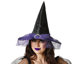 Sombrero De Bruja Negro Con Velo Púrpura Y Encaje Telaraña Para Disfraz