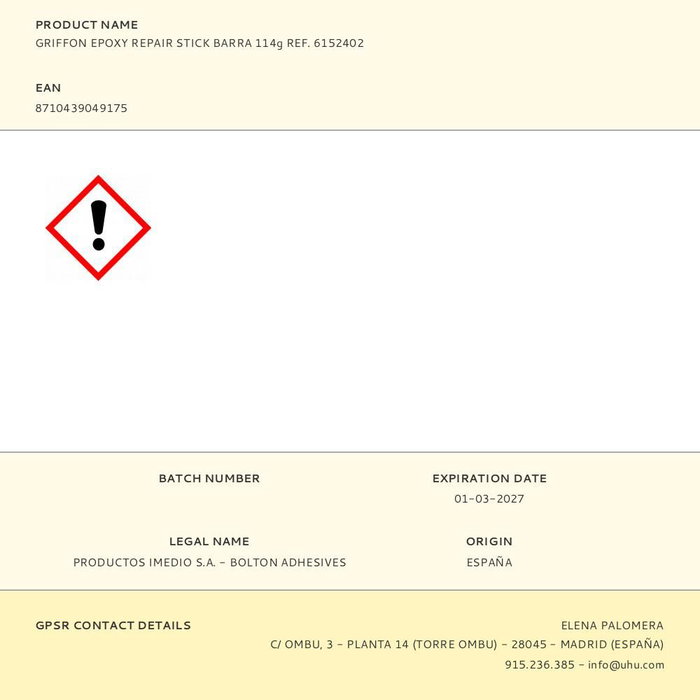 Griffon Barra Masilla Epoxi Moldeable Epoxy Repair Stick 114g Ref. 6152402