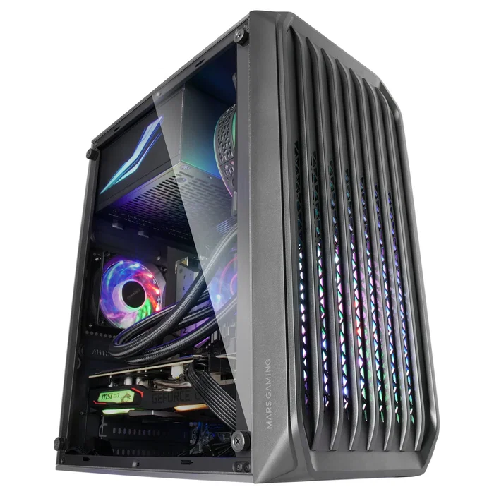 Mars Gaming MC-S2 Caja de Ordenador Gaming Mini-Torre Compacta - 2 Ventiladores FRGB Incluidos, Ventana Lateral, Compatible Micro-ATX/Mini-ITX, Refrigeración Líquida 240mm, Negro