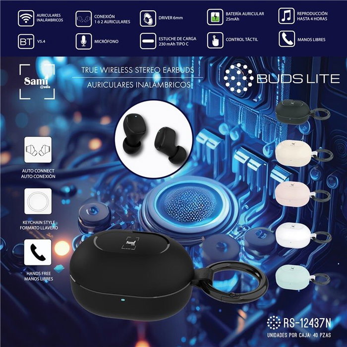 SAMI Buds Lite TWS Auriculares Inalambricos Negro Mini con Llavero Bateria 25 mAh