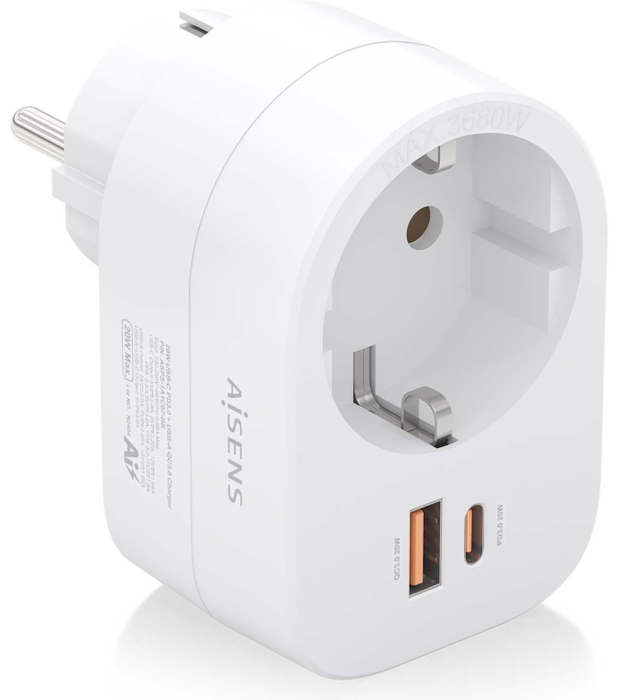 Aisens ASPS-1A1C06-W Regleta de Pared Multifunción con 1 Toma y 2 Puertos USB Blanco