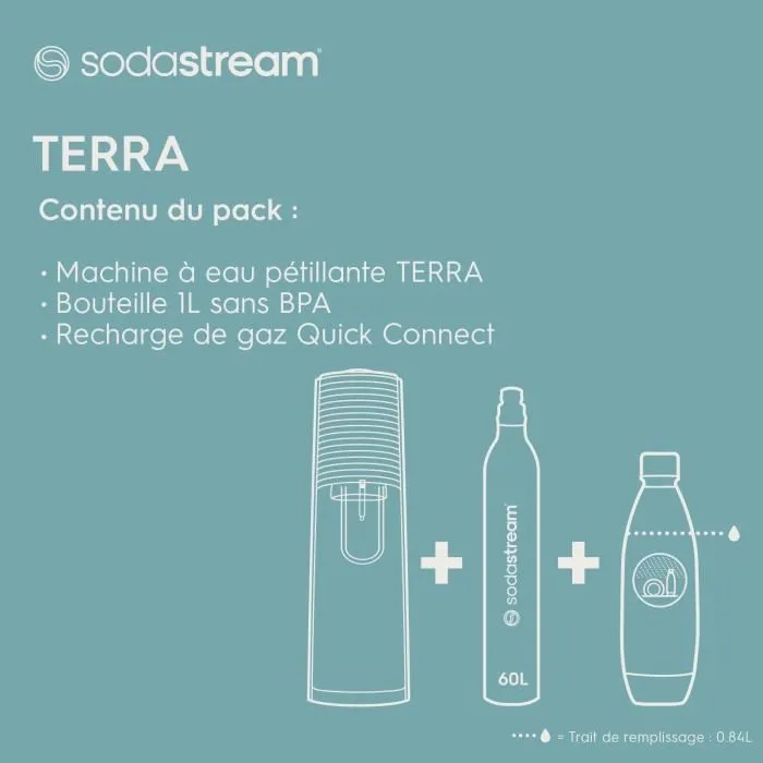 Sodastream SOD7290116748559 Máquina Agua Carbonatada Terra Blanca + 1 Botella Fuse 1 Litro + Recambio Gas Clip-on 60L
