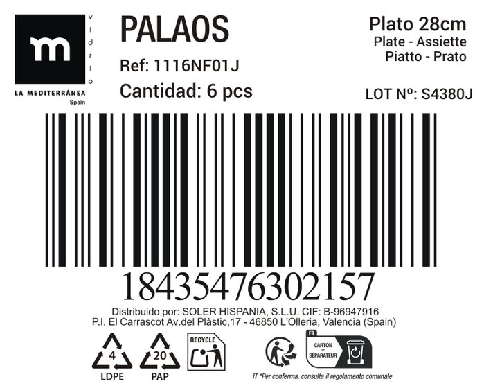 La Mediterranea Plato Llano Opal Palaos 26cm (Pack de 36) de 516g