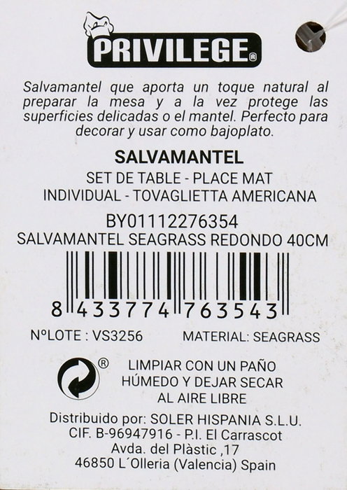Privilege Salvamanteles Seagrass Redondo 40 cm (36 Unidades)