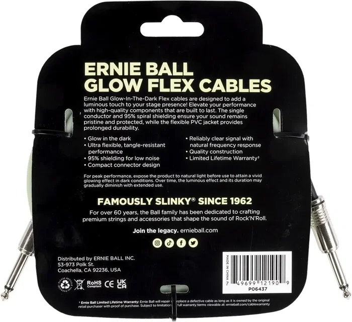 Ernieball Cable Instrumento Flex Jack-Jack Ss 6 M Fosforescente