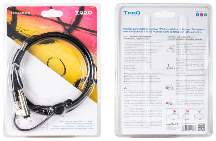 Tooq Cable de Seguridad Tipo NANO con Llave, 1.5m, Gris Oscuro