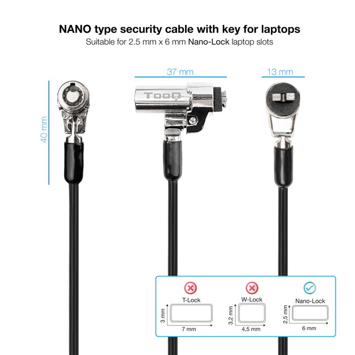 Tooq Cable de Seguridad Tipo NANO con Llave, 1.5m, Gris Oscuro