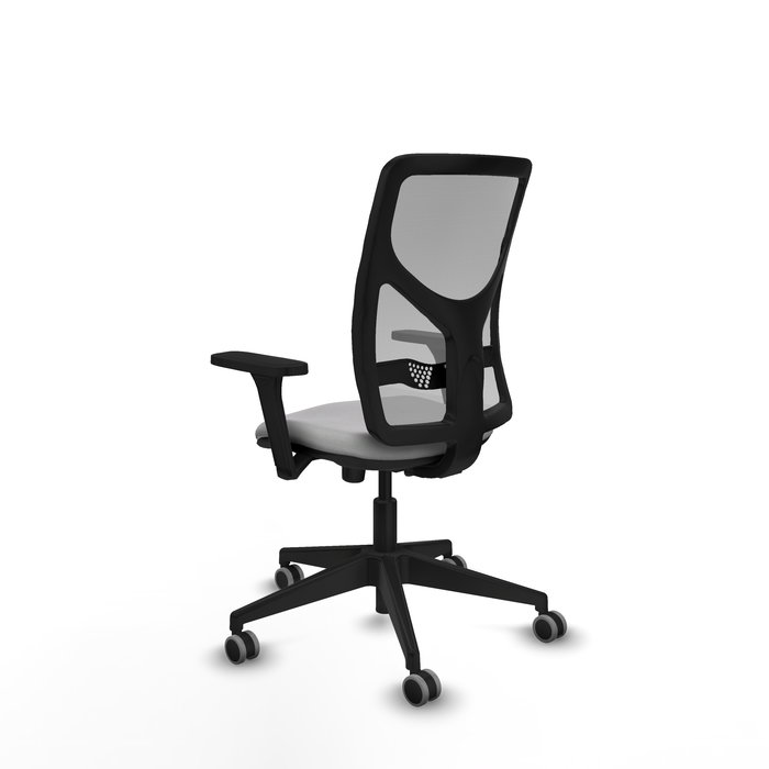 Silla de oficina Motilla con mecanismo Sincro tapizada con Tela color Gris claro y malla color Gris. Equipada con lumbar 1D, Brazos 3D y Ruedas 65 mm parqué