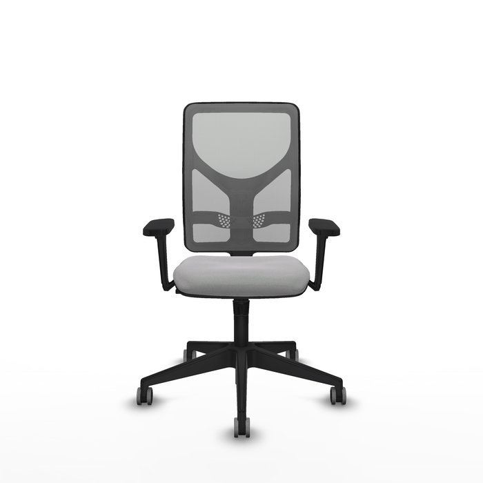 Silla de oficina Motilla con mecanismo Sincro tapizada con Tela color Gris claro y malla color Gris. Equipada con lumbar 1D, Brazos 3D y Ruedas 65 mm parqué