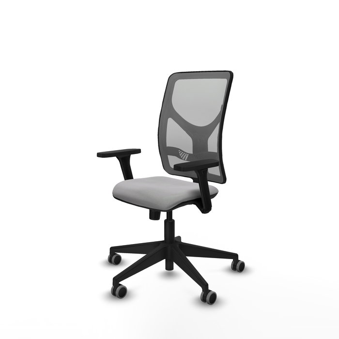 Silla de oficina Motilla con mecanismo Sincro tapizada con Tela color Gris claro y malla color Gris. Equipada con lumbar 1D, Brazos 3D y Ruedas 65 mm parqué