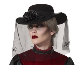 Sombrero Negro con Velo y Arañas para Viuda Tenebrosa